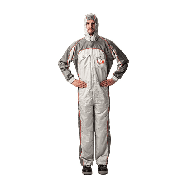 A person in a white and grey coverall

Description automatically generated